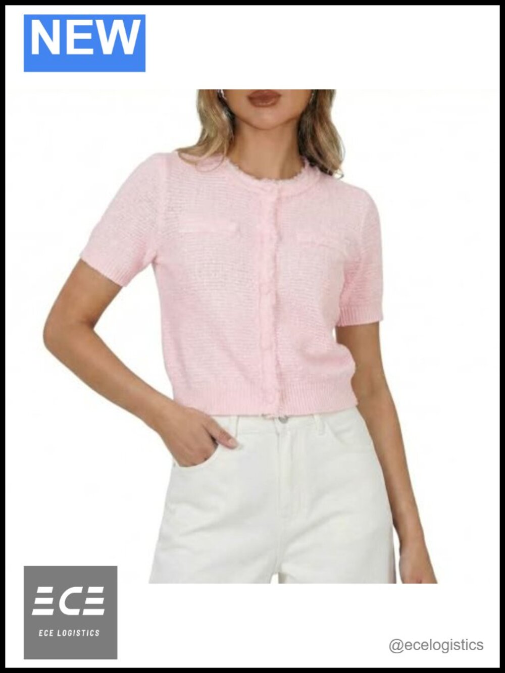 Women's Cropped Knit Top Cardigan Short Sleeve Frayed Edge Cotton Blend Button